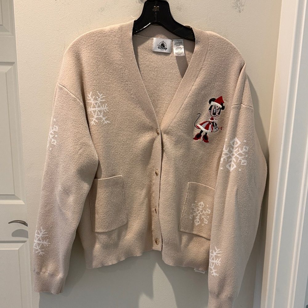 Disney Minnie Mouse Women's Beige Cardigan with Snowflake Design size Medium